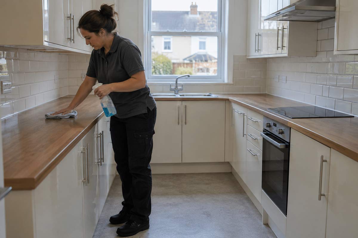 Professional cleaner preparing a Dorset rental property for new tenants