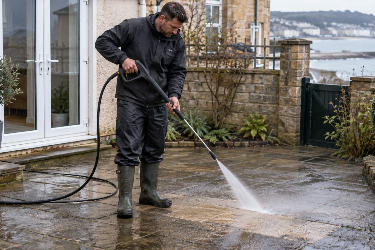 Professional pressure washing a paved area at a property in Weymouth